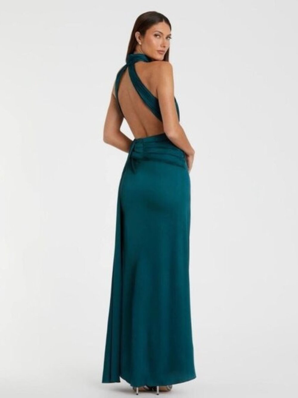 Mac Duggal Size 2 Ocean Blue Side Ruched Satin Halter Neck Prom Gown Dress Flaw - Picture 5 of 15